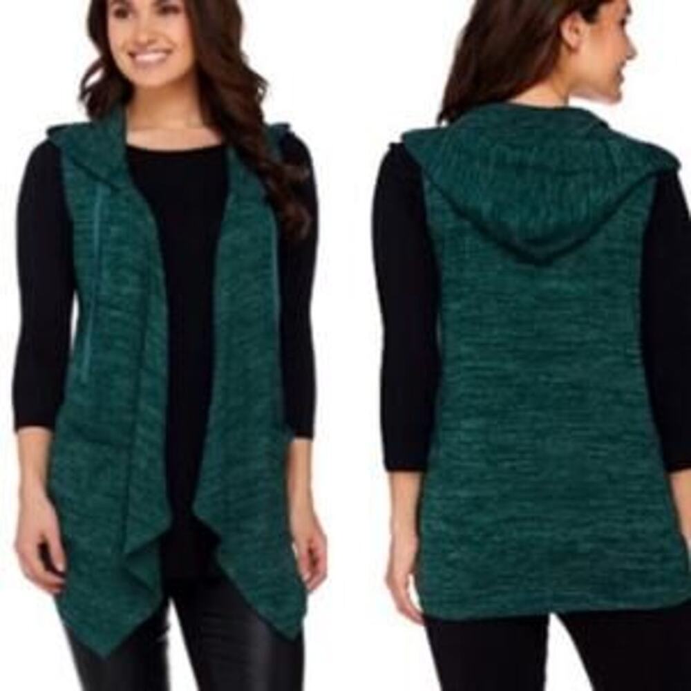 Logo by Lori Goldstein EUC Heathered Green Open Hooded Waterfall Vest Size L